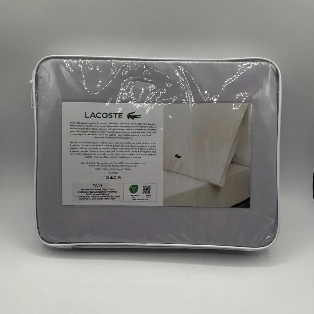 LACOSTE Solid Grey 100% Cotton Percale Twin Sheet Set NWT